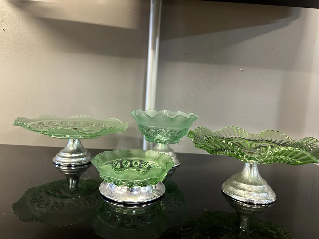Selection Of Vintage Art Deco English Pressed Green Glass Bowls With Metal Stands Image 1++