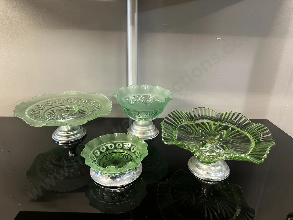 Selection Of Vintage Art Deco English Pressed Green Glass Bowls With Metal Stands Image 1++