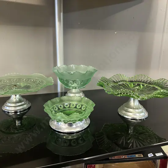 Selection Of Vintage Art Deco English Pressed Green Glass Bowls With Metal Stands
