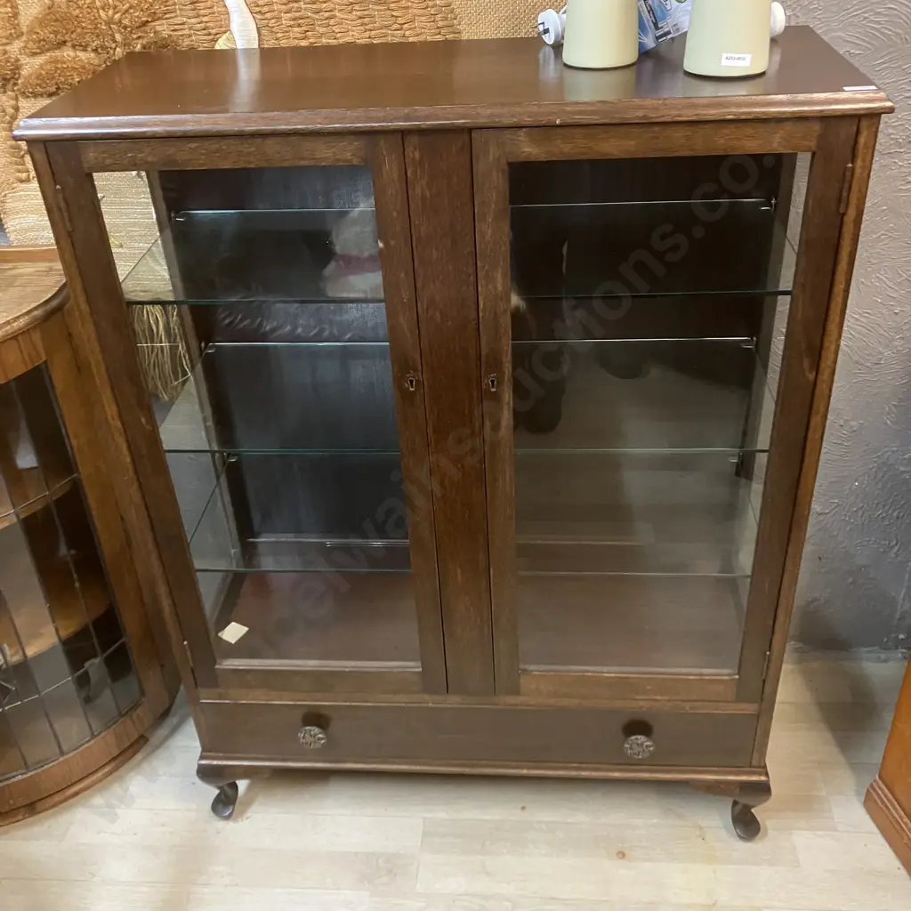 Dark Stained Oak Glazed Display Case With Drawer In Base, Cabriole Legs, 3 x Glass Shelves. H122 W94 D35cm Image 1++