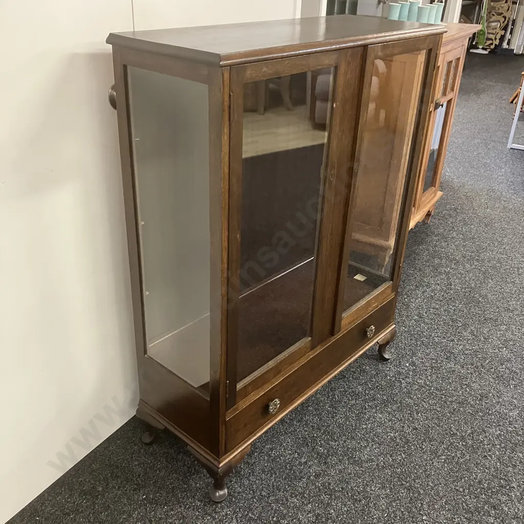 Dark Stained Oak Glazed Display Case With Drawer In Base, Cabriole Legs, 3 x Glass Shelves. H122 W94 D35cm Image 1++