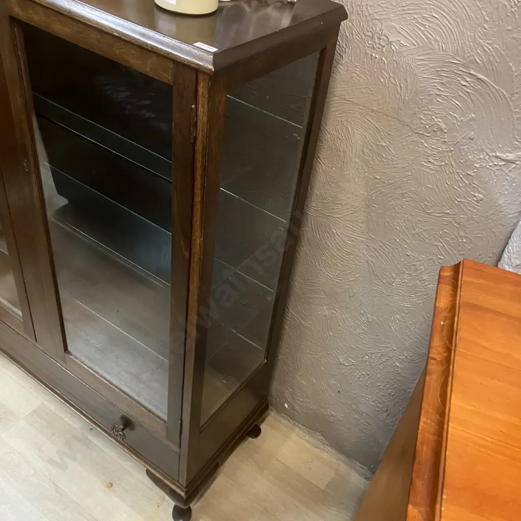 Dark Stained Oak Glazed Display Case With Drawer In Base, Cabriole Legs, 3 x Glass Shelves. H122 W94 D35cm Image 1++