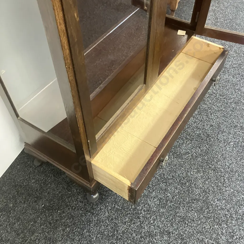 Dark Stained Oak Glazed Display Case With Drawer In Base, Cabriole Legs, 3 x Glass Shelves. H122 W94 D35cm Image 1++
