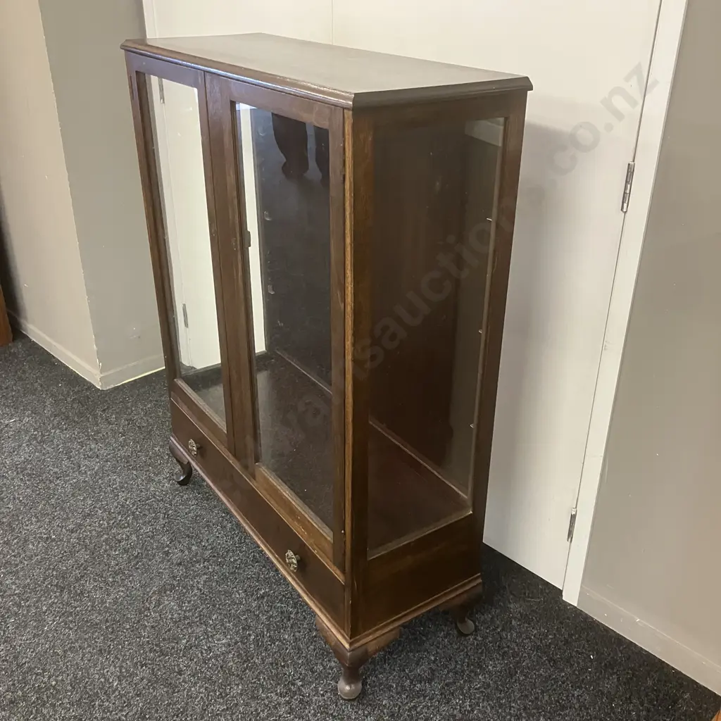 Dark Stained Oak Glazed Display Case With Drawer In Base, Cabriole Legs, 3 x Glass Shelves. H122 W94 D35cm Image 1++