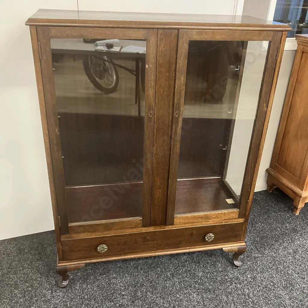Dark Stained Oak Glazed Display Case With Drawer In Base, Cabriole Legs, 3 x Glass Shelves. H122 W94 D35cm Image 1++