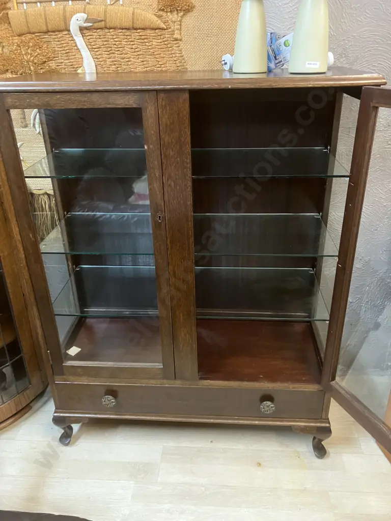 Dark Stained Oak Glazed Display Case With Drawer In Base, Cabriole Legs, 3 x Glass Shelves. H122 W94 D35cm Image 1++
