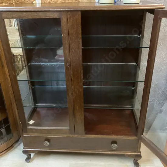 Dark Stained Oak Glazed Display Case With Drawer In Base, Cabriole Legs, 3 x Glass Shelves. H122 W94 D35cm