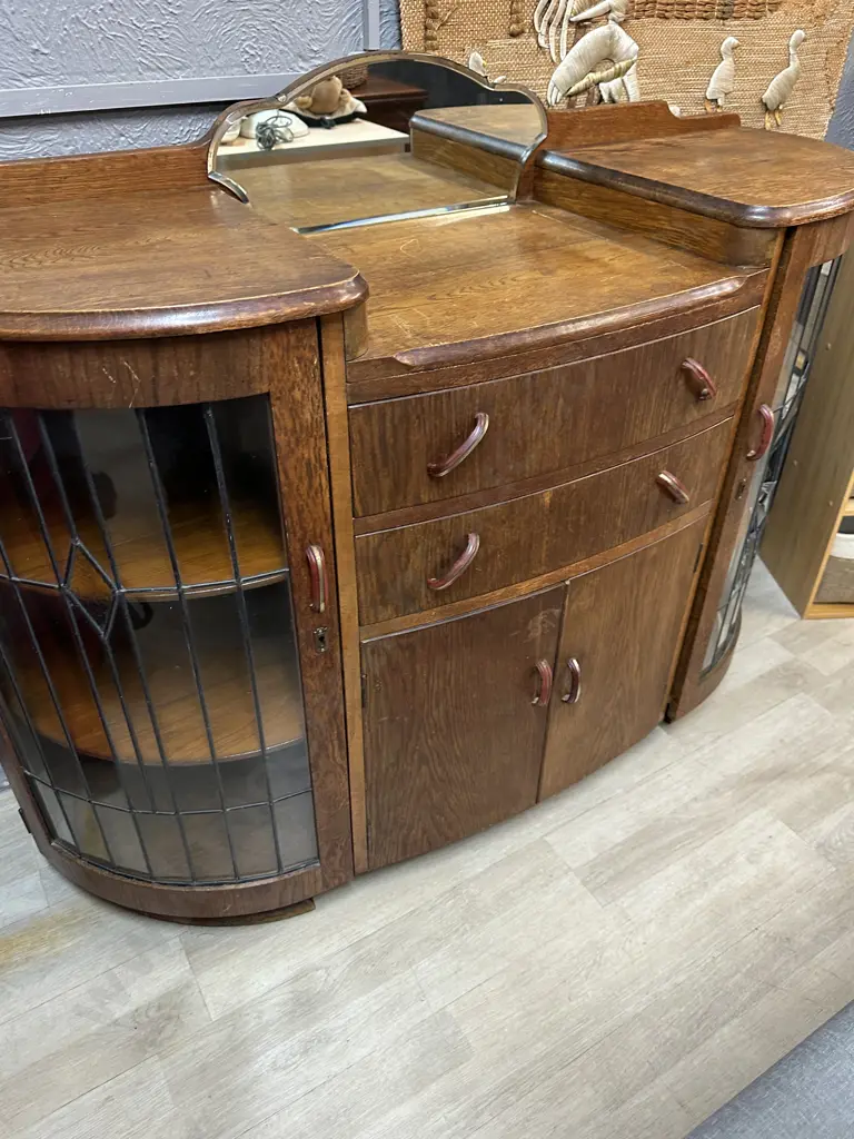 Art Deco Oak Sideboard With Curved Leadlight Doors, Original Handles. H104 W137 D46cm (Leadlights Damaged) Image 1++