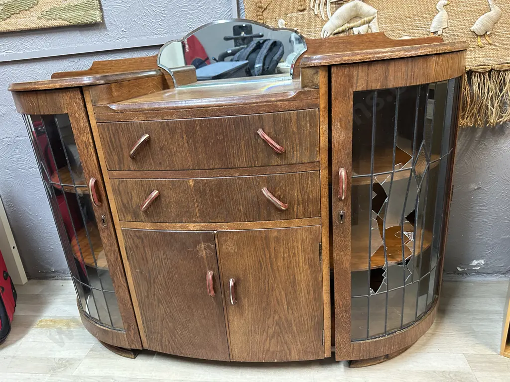 Art Deco Oak Sideboard With Curved Leadlight Doors, Original Handles. H104 W137 D46cm (Leadlights Damaged) Image 1++