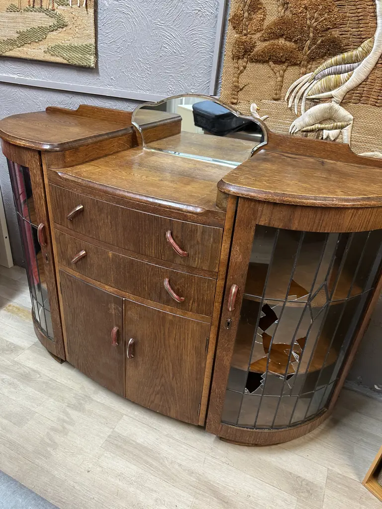 Art Deco Oak Sideboard With Curved Leadlight Doors, Original Handles. H104 W137 D46cm (Leadlights Damaged) Image 1++