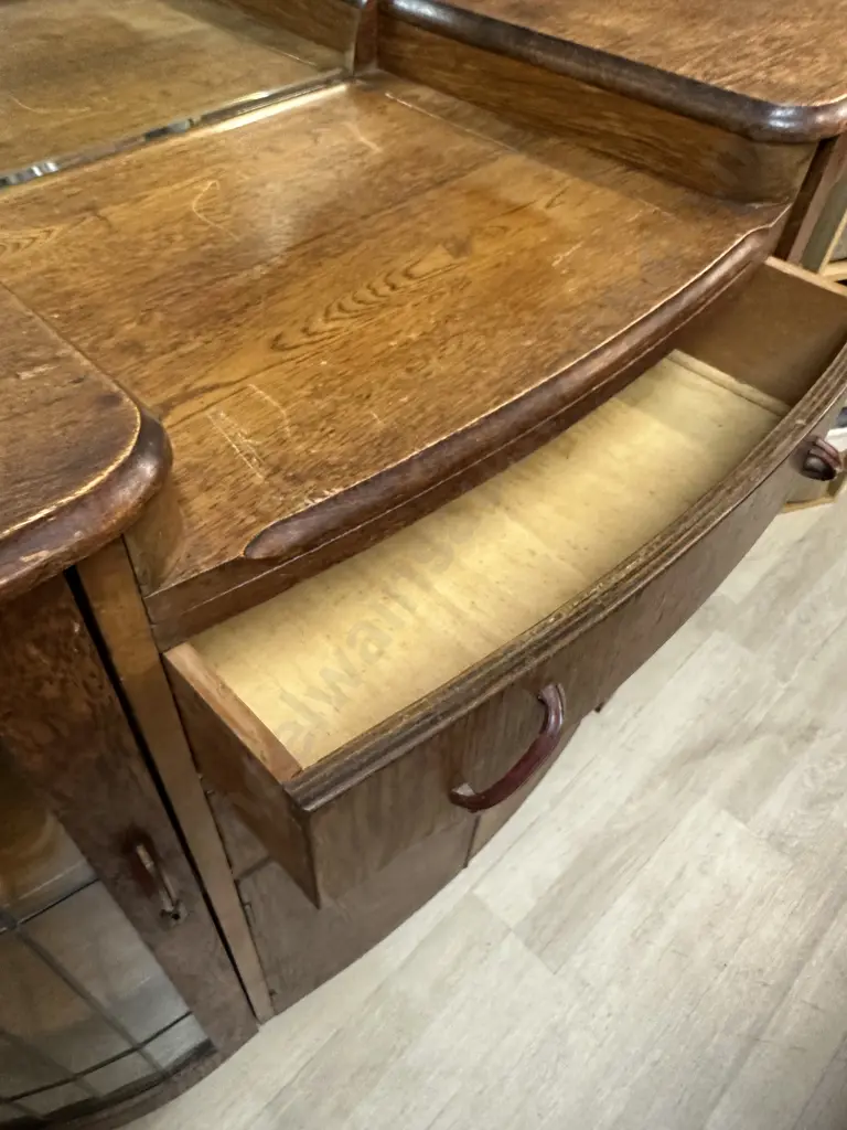 Art Deco Oak Sideboard With Curved Leadlight Doors, Original Handles. H104 W137 D46cm (Leadlights Damaged) Image 1++
