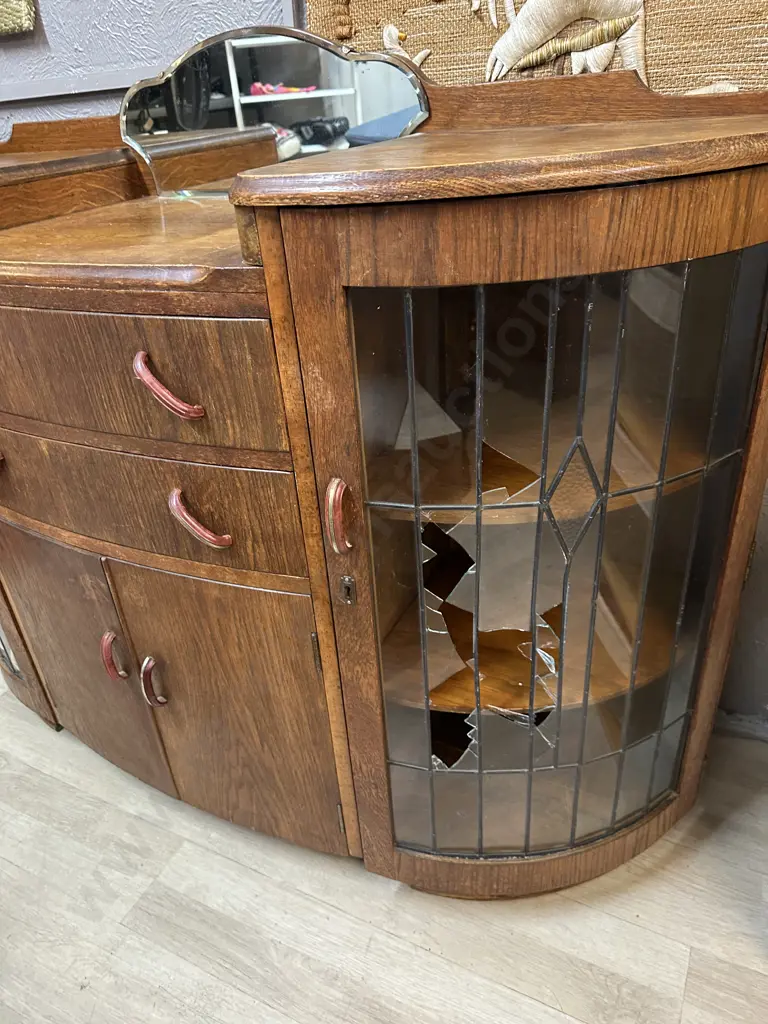 Art Deco Oak Sideboard With Curved Leadlight Doors, Original Handles. H104 W137 D46cm (Leadlights Damaged) Image 1++
