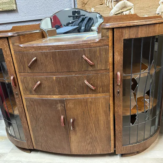 Art Deco Oak Sideboard With Curved Leadlight Doors, Original Handles. H104 W137 D46cm (Leadlights Damaged)