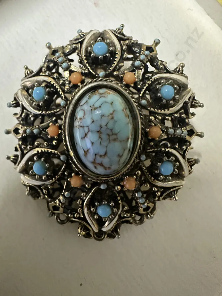Vintage Brooch Turquoise & Pink Gemstones Stamped 917 Image 1++