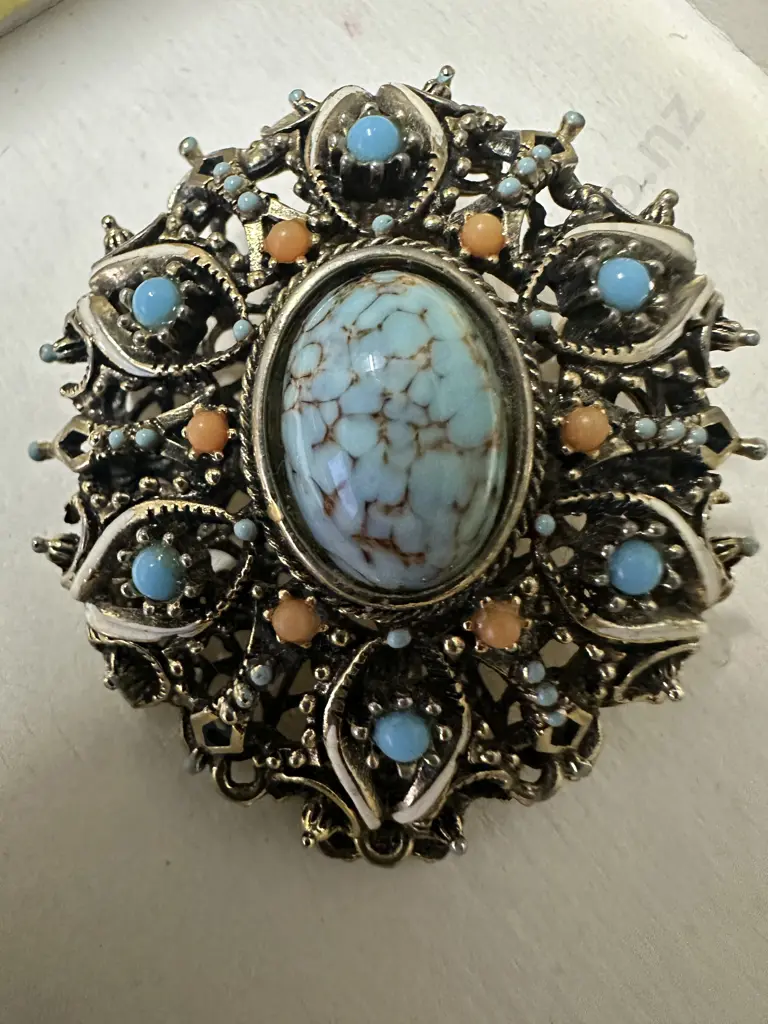 Vintage Brooch Turquoise & Pink Gemstones Stamped 917 Image 1++