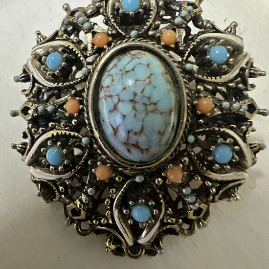Vintage Brooch Turquoise & Pink Gemstones Stamped 917