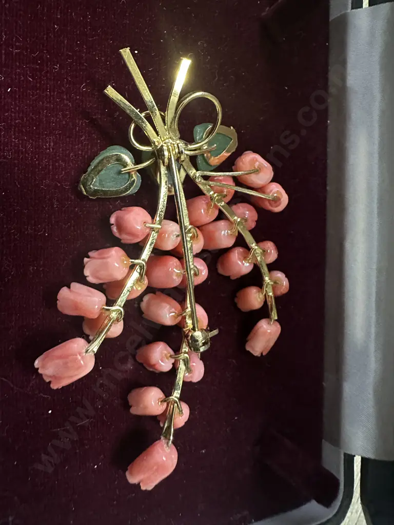 Coral Pink Brooch Roses With Jade Leaves Image 1++
