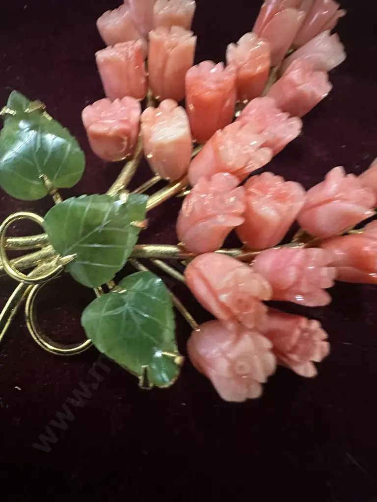 Coral Pink Brooch Roses With Jade Leaves Image 1++