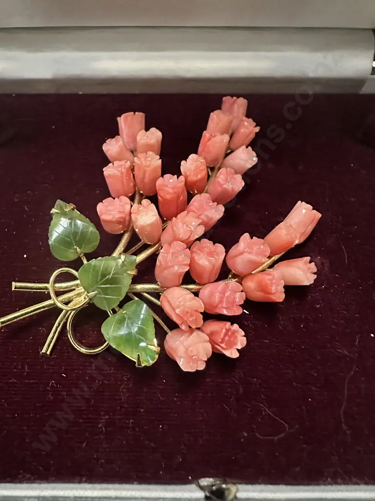 Coral Pink Brooch Roses With Jade Leaves Image 1++