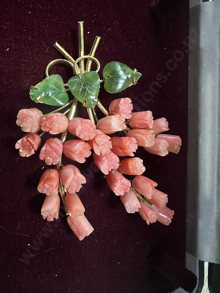 Coral Pink Brooch Roses With Jade Leaves Image 1++