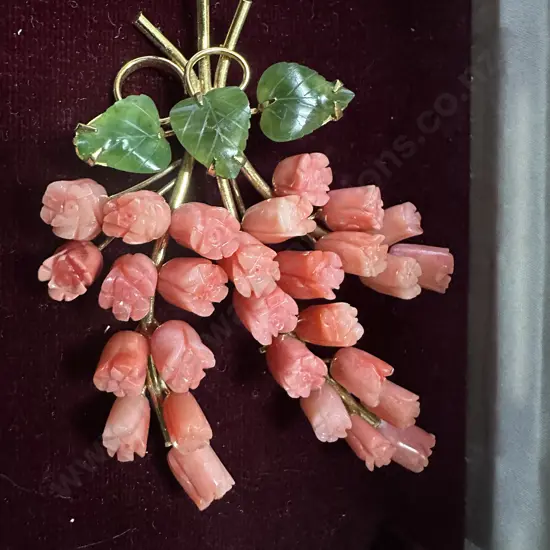 Coral Pink Brooch Roses With Jade Leaves