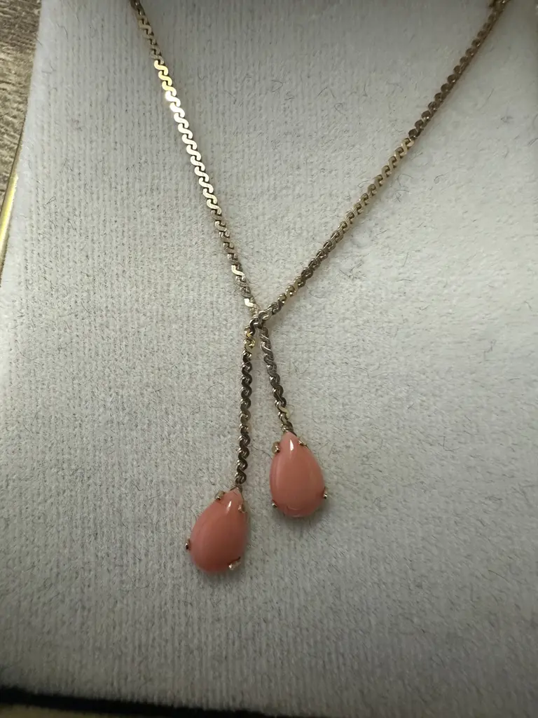 14k Necklace With Coral Teardrop Gem Stones Image 1++
