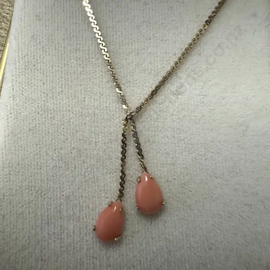 14k Necklace With Coral Teardrop Gem Stones