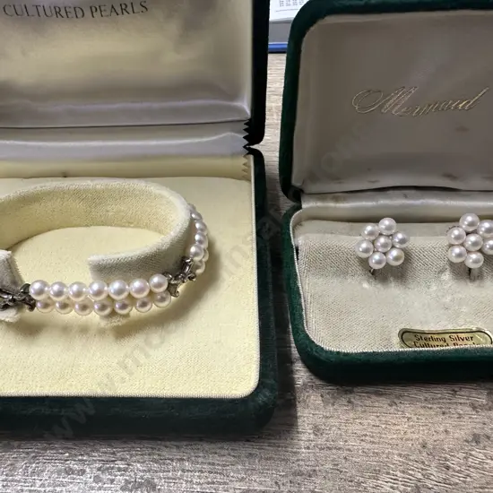 Vintage Sterling Silver Cultured Pearl Bracelet & Screw On Earings