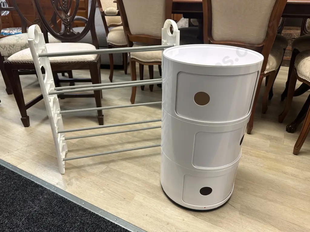 Kartell Style Round White Three Storage Box Unit/Side Table H58,Dia32cm & Shoe Rack Image 1++