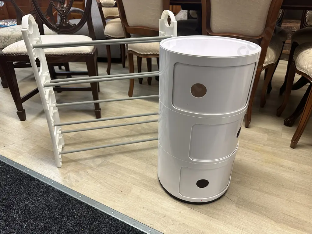 Kartell Style Round White Three Storage Box Unit/Side Table H58,Dia32cm & Shoe Rack Image 1++