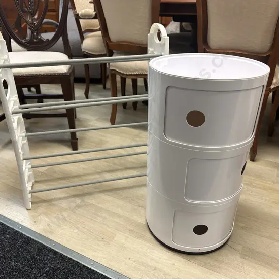Kartell Style Round White Three Storage Box Unit/Side Table H58,Dia32cm & Shoe Rack