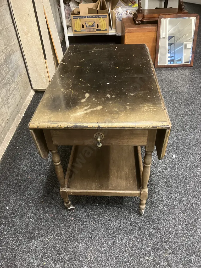 Mahogany Dropside Tea Trolley, Felted Drawer & Felted Pull Out Shelf, On Castors (As Found Condition) Image 1++