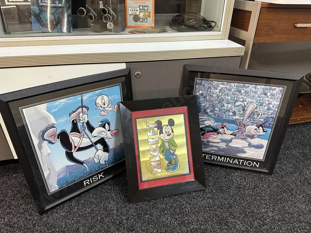 Selection Of Vintage Framed Artwork Including Mickey, Risk & Determination. Image 1++