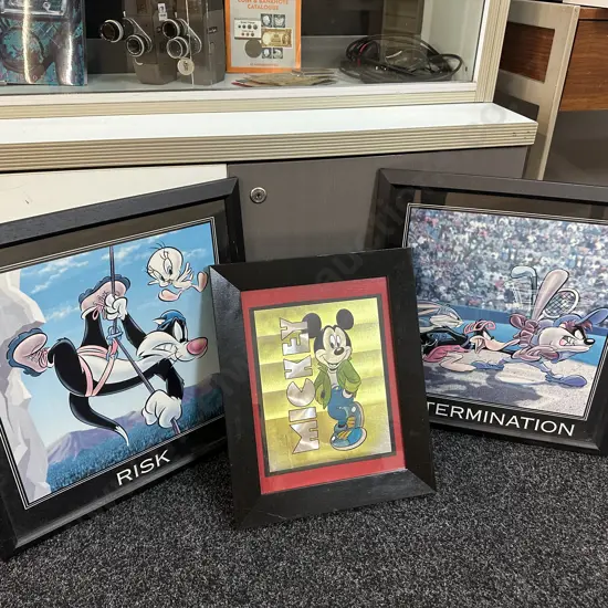 Selection Of Vintage Framed Artwork Including Mickey, Risk & Determination.
