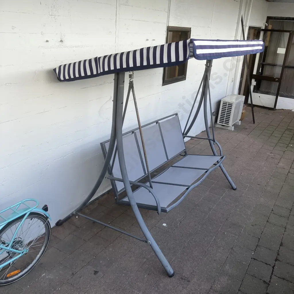 Blue & White 3 Seater Canopy Swing With Frame Image 1++