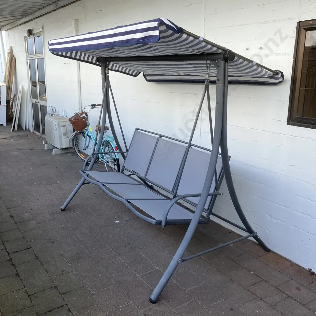 Blue & White 3 Seater Canopy Swing With Frame Image 1++