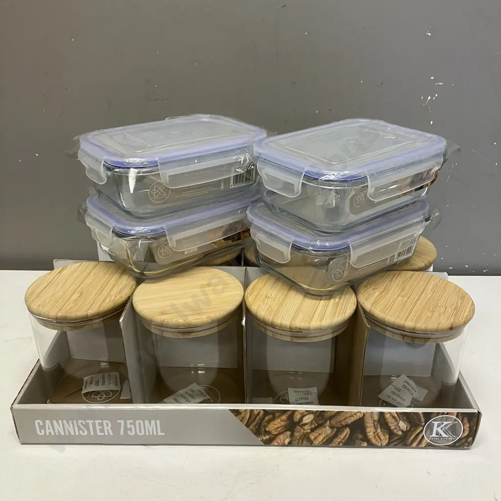 Kates Kitchen 750ml Glass Canister with Bamboo Lid x 7 & Rectangular Food Container 650ml x 4 Image 1++