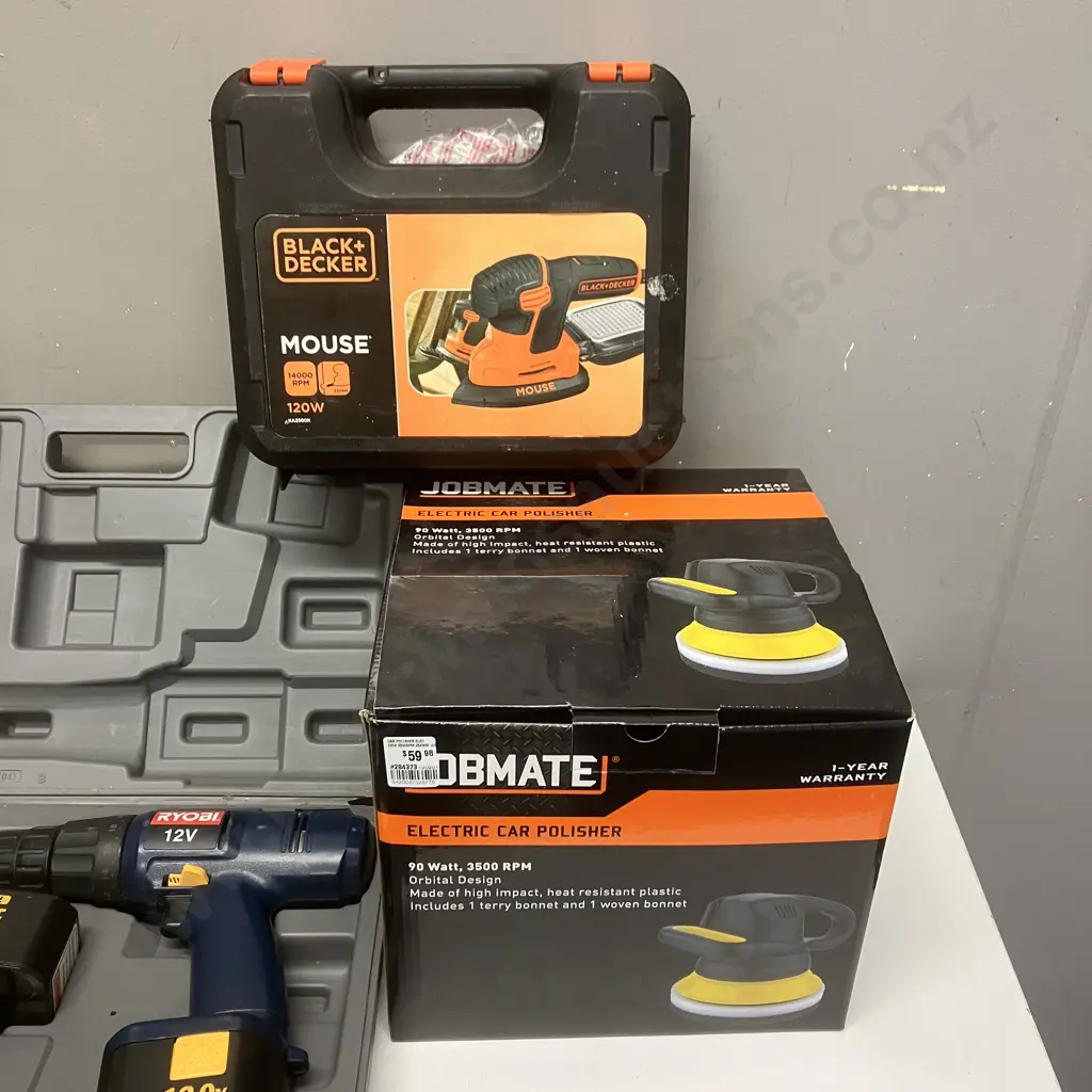 Ryobi 12V Cordless Drill Set, Jobmate Car Polisher, B&D Mouse Sander, Tuffmaster Safety Helmet Image 1++