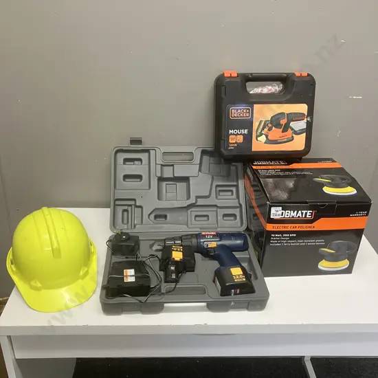 Ryobi 12V Cordless Drill Set, Jobmate Car Polisher, B&D Mouse Sander, Tuffmaster Safety Helmet