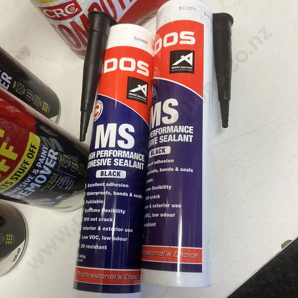 Pair of CRC Ados UHS Spray Adhesive, 4 x Ados Stuff Off, 2 x Ados MS HP Adhesive Sealant Tubes, Black Image 1++
