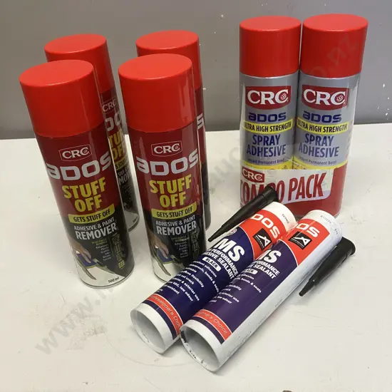 Pair of CRC Ados UHS Spray Adhesive, 4 x Ados Stuff Off, 2 x Ados MS HP Adhesive Sealant Tubes, Black