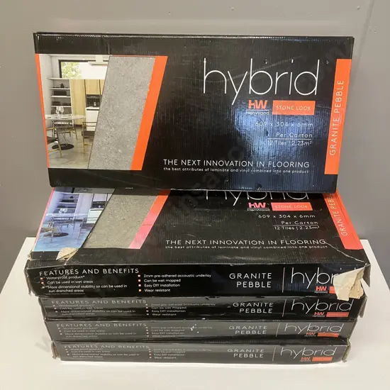 Hanwood Granite Pebble Stone Look Laminate Hybrid Flooring - 4 x Boxes of 12 Tiles / 2.23m2, 1 x Box of 9 Tiles