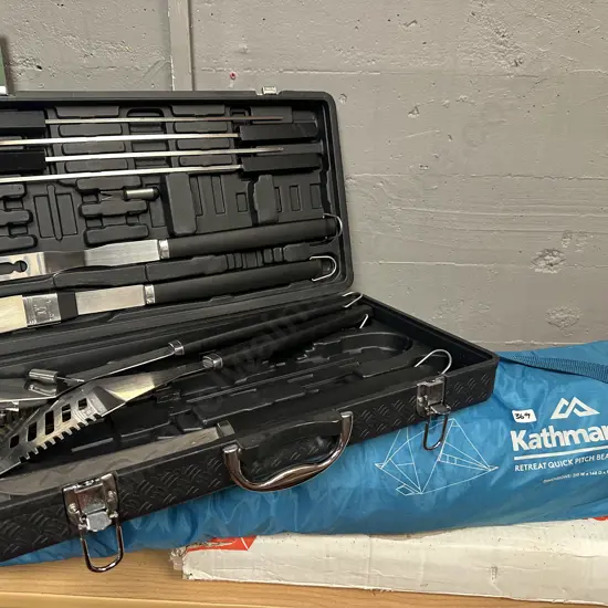 BBQ Tool Set & Kathmandu Retreat Quick Pitch Beach Shelter
