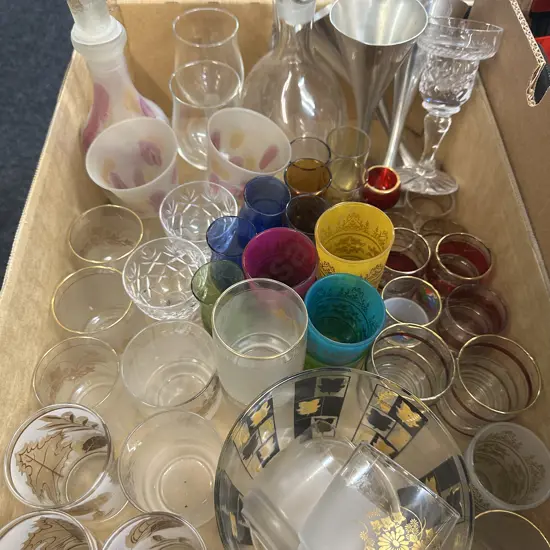 Selection Of Vintage Glass Decanters, Glassware, Ice Bucket Etc