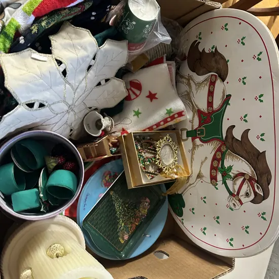 Assorted Christmas Items Including Linen, Candle Etc