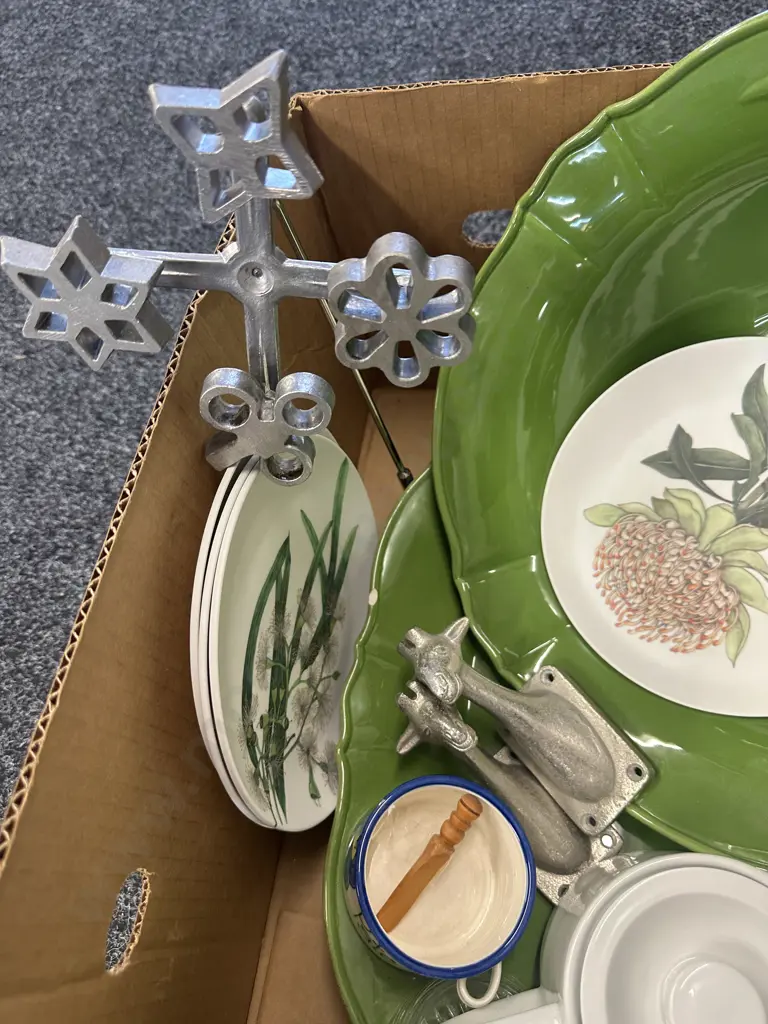 Assorted Box Lot Of Serving Ware Including French Country (af), Teapot, Glass Coasters Etc Image 1++
