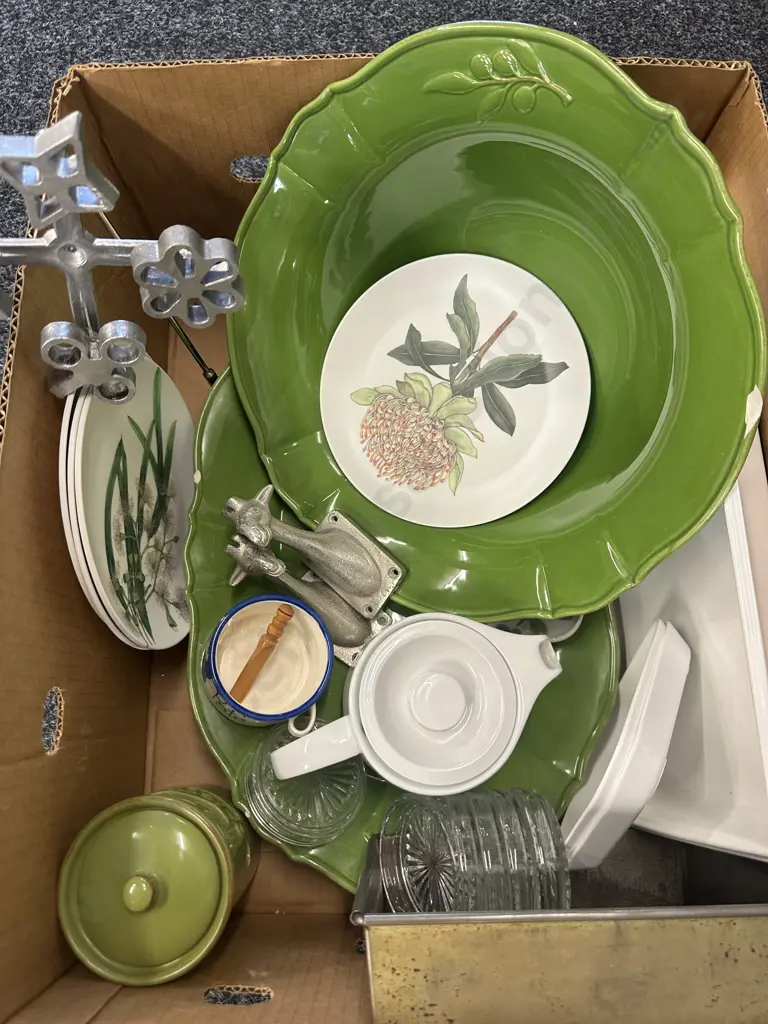 Assorted Box Lot Of Serving Ware Including French Country (af), Teapot, Glass Coasters Etc Image 1++