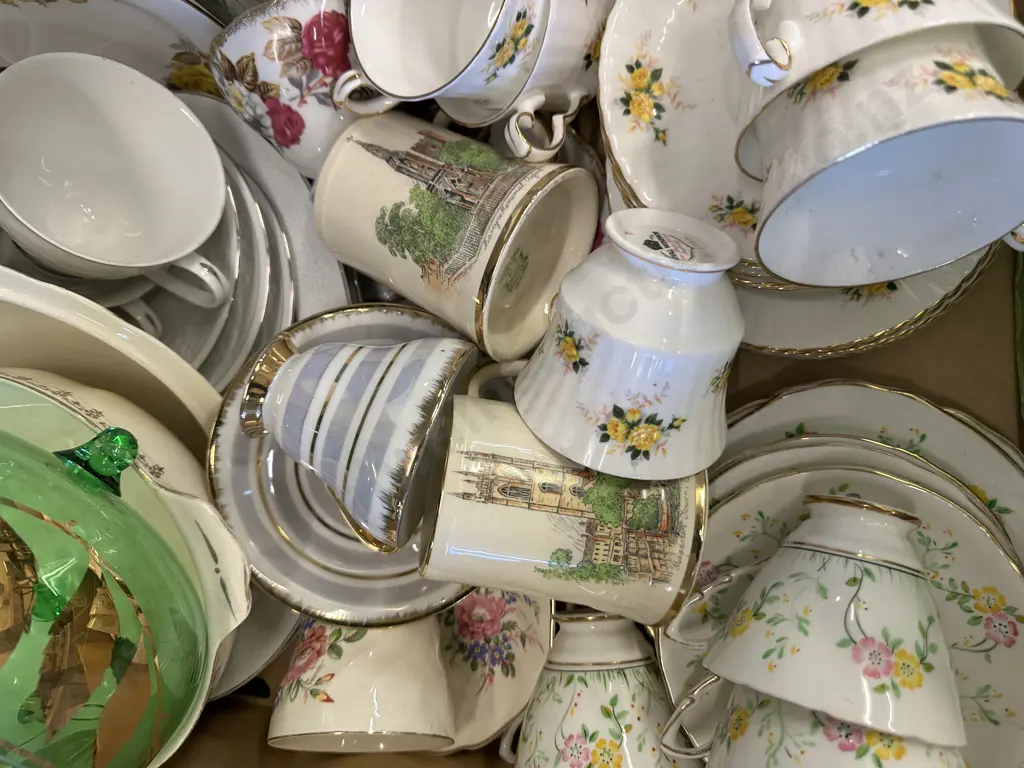 Box Lot Assorted China Tea Items Including Royal Stafford, Royal Windsor Etc Image 1++