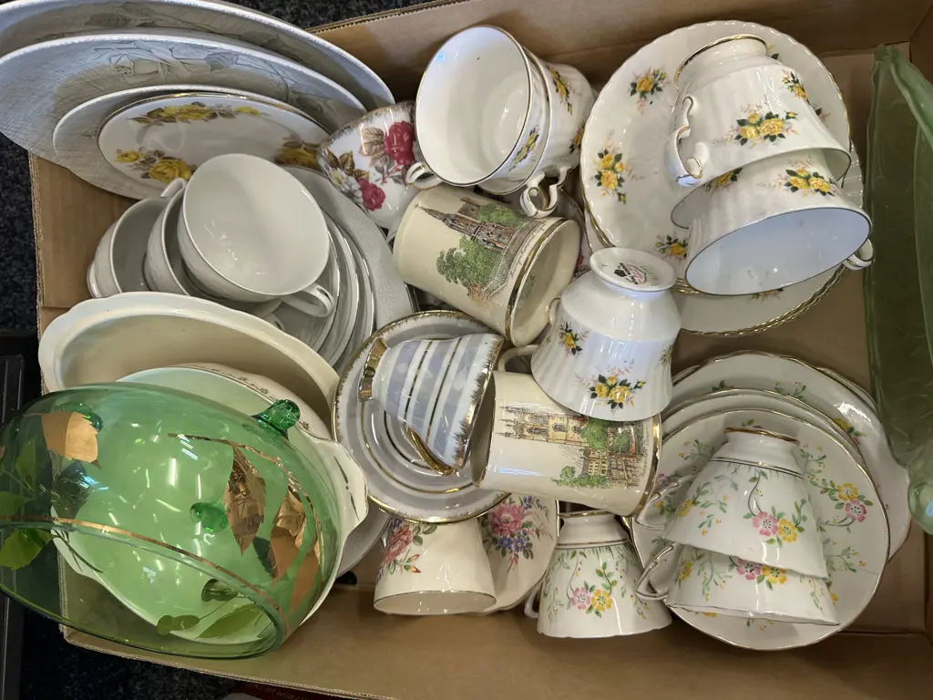 Box Lot Assorted China Tea Items Including Royal Stafford, Royal Windsor Etc Image 1++