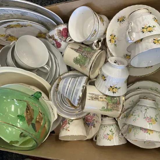Box Lot Assorted China Tea Items Including Royal Stafford, Royal Windsor Etc